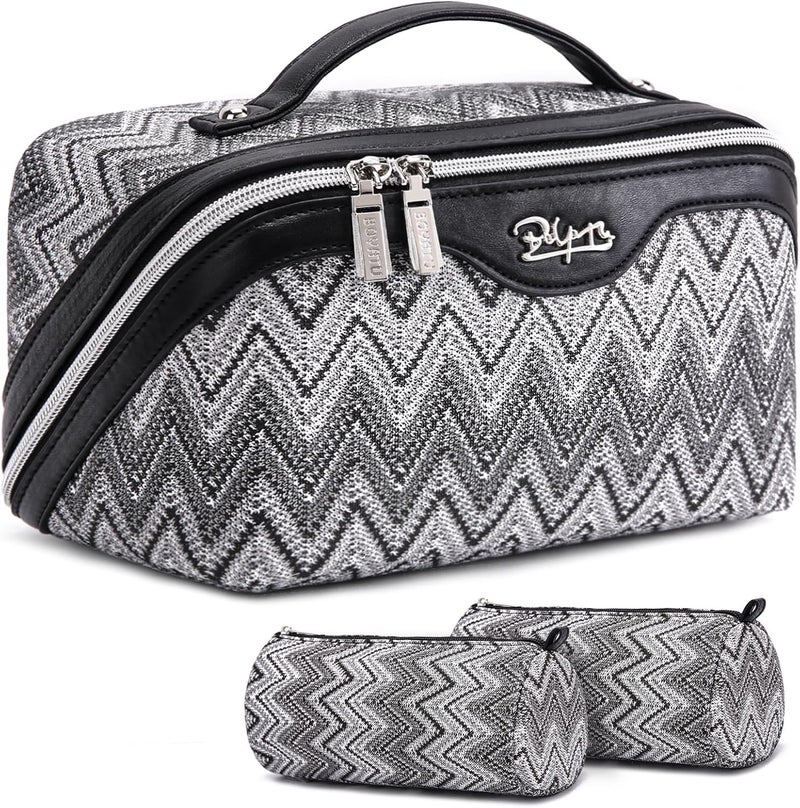 BOYATU Travel Makeup Bag for Women: Western Boho Make up Bag Set of 3 - Large Capacity Vegan Leather Cosmetic Bag - Waterproof Toiletry Bag with Compartments & Handle & Divider(J-3-Black) - Image 1